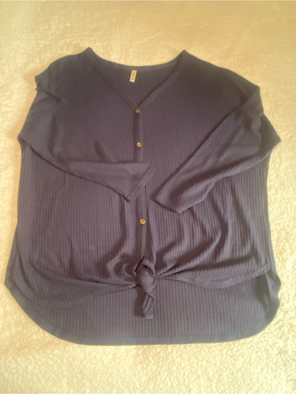 Navy Ribbed V-Neck Button-Front Tie Hem Women's Top